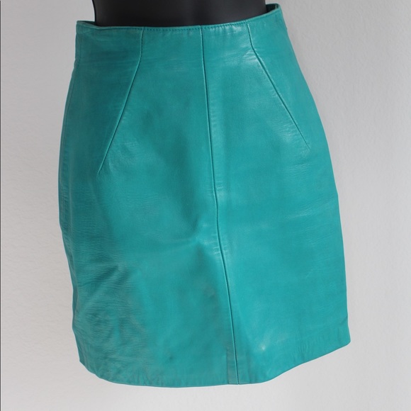 Turquoise leather pencil skirt - Picture 3 of 4